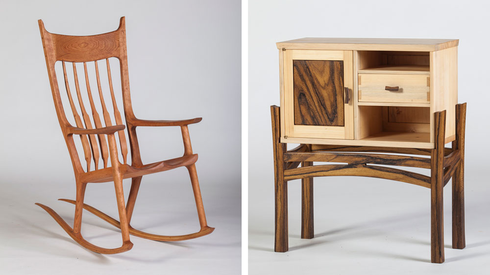 מימין: הארונית של גיל שמיר. משמאל: כיסא נדנדה של אבישי סטרולוויץ. כל המחברים עשויים מעץ, וכך הם מתכווצים ומתרחבים עם הרהיט כולו (צילום: ניצן הפנר)