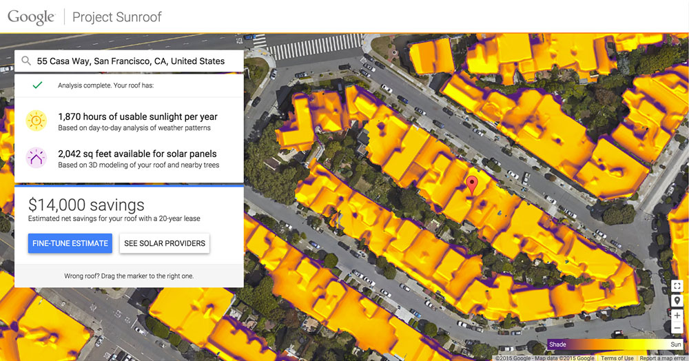 מיפוי פוטנציאל סולארי בשכונה בסן פרנסיסקו (מתוך google project sunroof)
