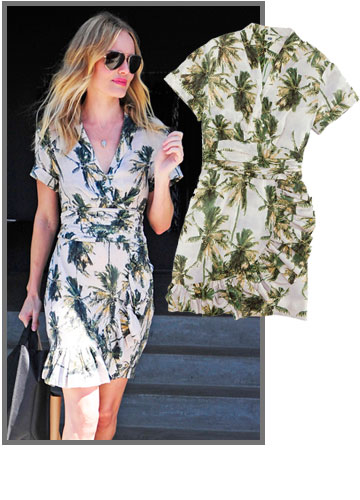 קייט בוסוורת' אימצה בהצלחה את הטרנד הלוהט של הדפסי דקלים בשמלה של H&M (מחיר: 249 שקל) (צילום: splashnews / asap creatuve, הנס מוריץ)