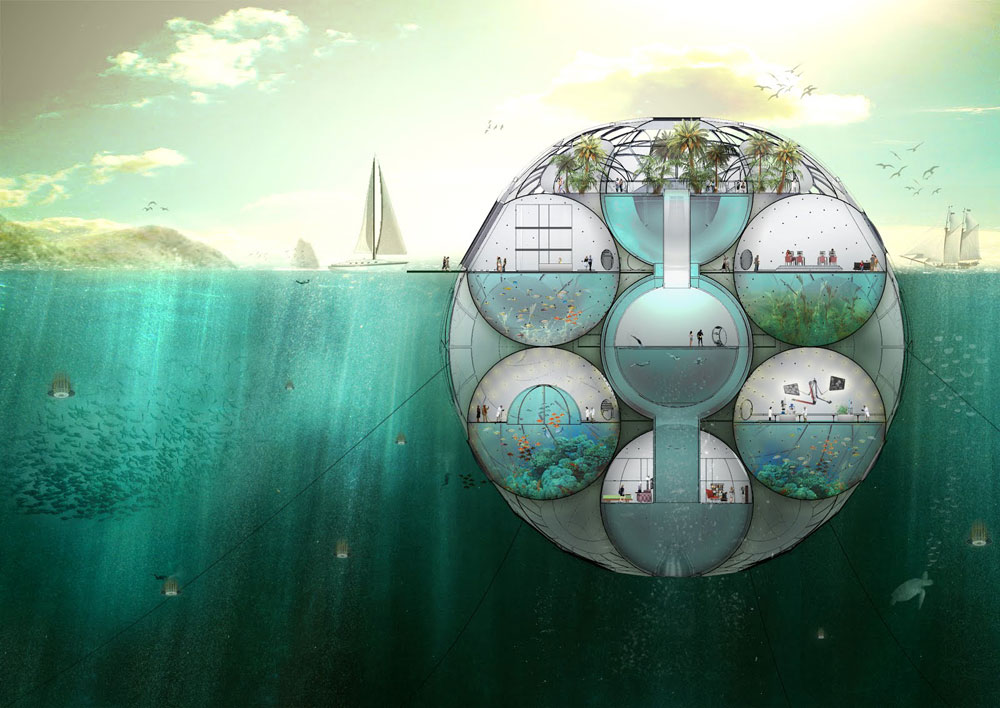 מתחת למים: Bloom הוא הצעה לבנות קפסולה ענקית שתצוף באוקיאנוס ההודי, תייצר חשמל ותתפיל מי ים, מתוך היערכות לעליית מפלס מי הים עקב ההתחממות העולמית (צילום: Sitbon Architectes)