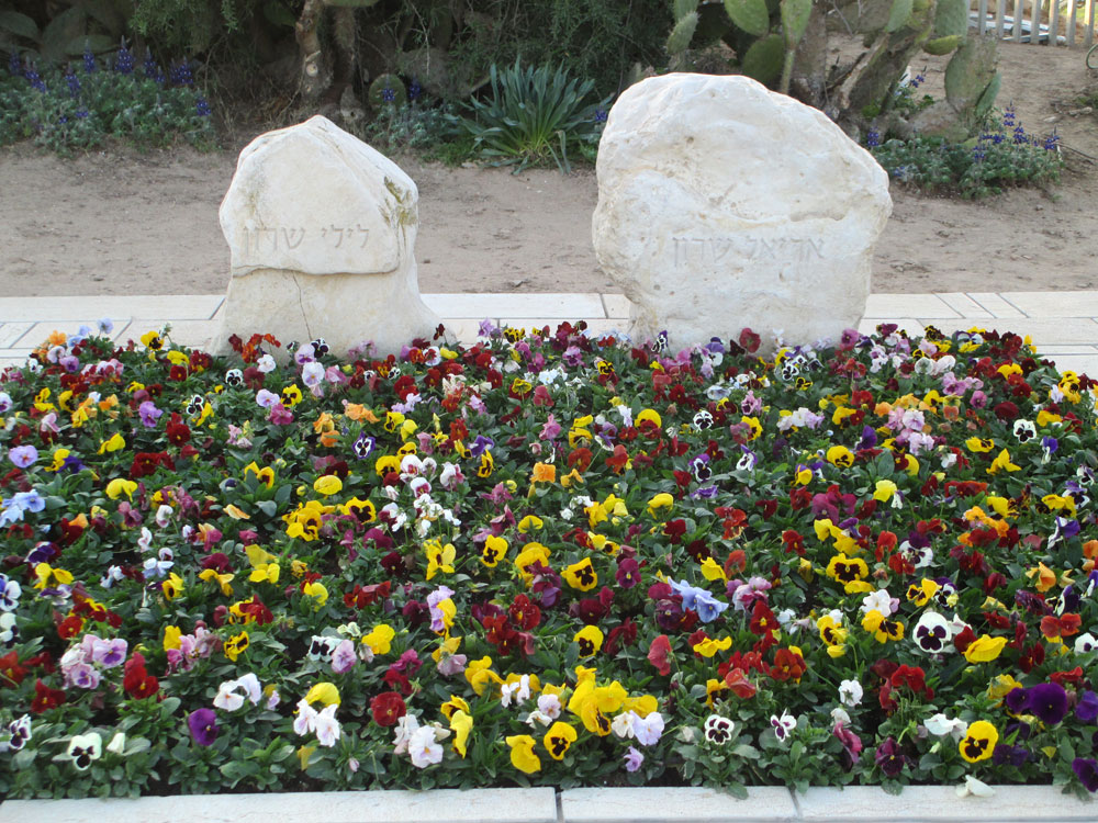 הקבר של אריאל וליל שרון. החלקה פשוטה, מורכבת מערוגת פרחים עונתיים המתוחזקים לכל אורך השנה. מצבות בני הזוג מורכבות משני גושים של אבן מקומית שנותרה במצבה הגולמי (צילום: Avi1111, cc)
