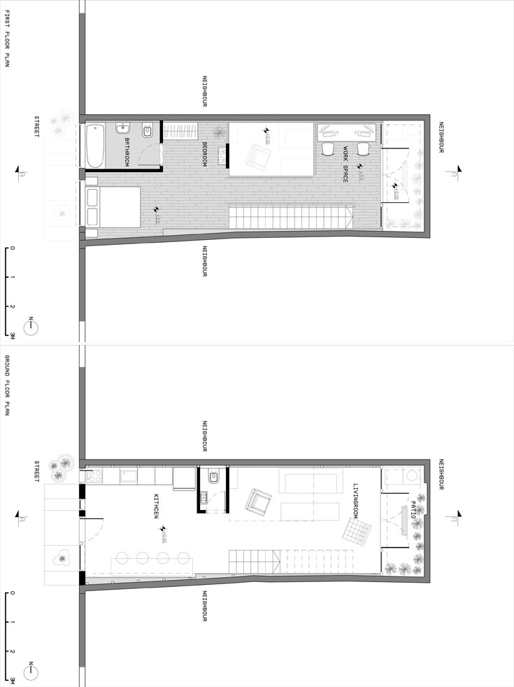 תוכניות הבית. למעלה: קומת הגלריה, למטה: קומת הכניסה, שבה נראה היטב הפטיו שיצרו (באדיבות VOID SOLUTIONS)