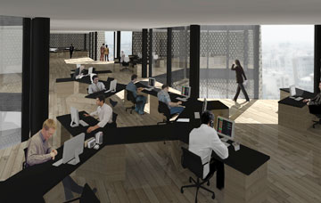 קשר בין קומות המסחר והמבקרים לקומות המשרדים מעליהן (באדיבות Alejandro Aravena Architects and VAV Studio)
