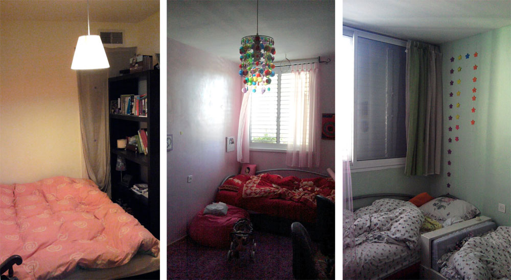 שלושת חדרי השינה, ''לפני'': משמאל חדר ההורים הקטן, במרכז חדרה של הבכורה בת ה-12 ומימין חדרן של שתי הבנות הקטנות (צילום: BLV  עיצוב פנים)