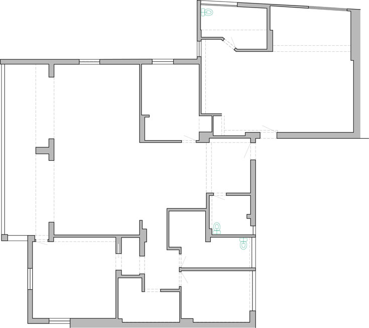 תוכנית שתי הדירות, ''לפני''. שטח הדירה הקטנה יותר (בחלק העליון, מימין) הפך לאגף ההורים בדירה המאוחדת (תכנון: אדריכל מעוז פרייס)