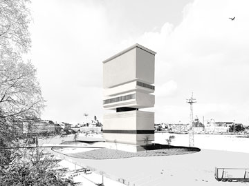 הצעה GH-79443888521. מגדל שחורג מהמרקם הפיני הנמוך במטרה ליצור מקום שיאפשר תצפית (באדיבות Guggenheim Helsinki Competition  )