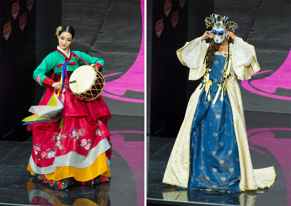 על הבמה בתצוגת התלבושות הלאומיות: איטליה בהשראת פסיבל המסיכות בוונציה, קוריאה עם תוף מסורתי (צילום: דרן דקר)