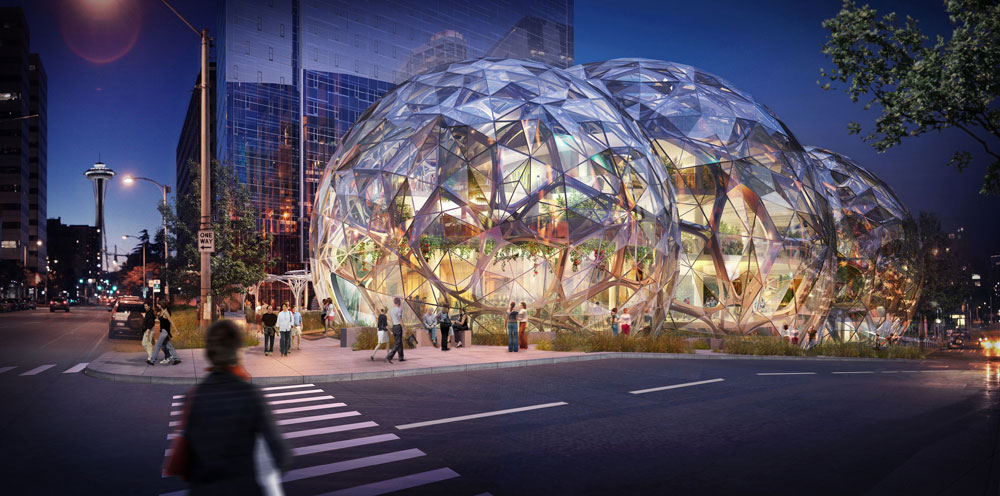 התרומה למרכז העיר: בין המבנים שאמאזון מתכננת להקים במרכז סיאטל יהיה מרחב ציבורי פתוח, שבמרכזו 3 כיפות זכוכית (הדמיה: NBBJ)