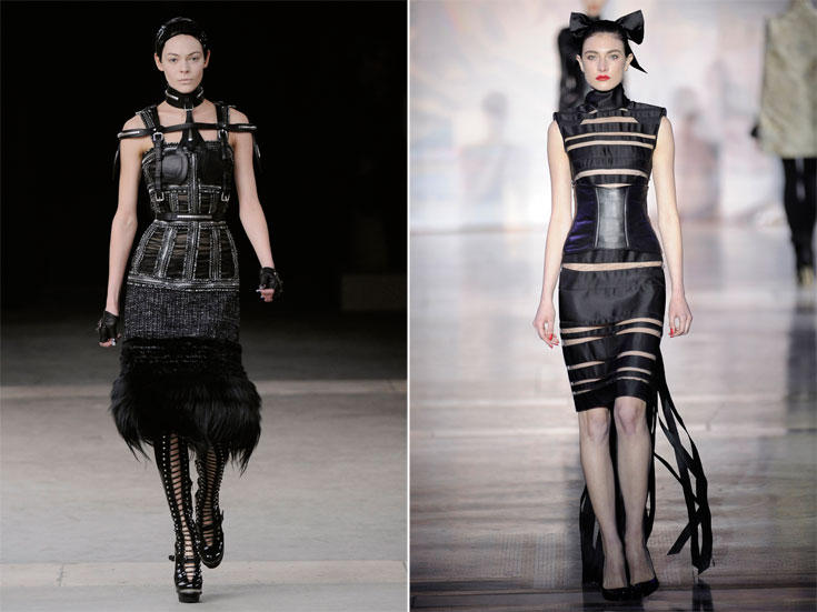 תצוגות האופנה של ג'ילס (מימין) ושל אלכסנדר מקווין לסתיו-חורף 2011-12. בגדי הפטיש עולים מהמרתפים היישר אל המסלול (צילום: gettyimages )