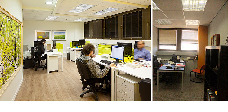 מימין: עמדת עבודה, לפני השיפוץ. משמאל: אחרי. תמונות אווירה מהעולם מקשטות את הקירות (צילום: שי אפשטיין)