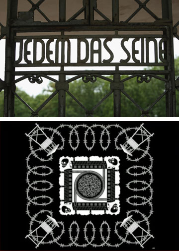 שער מחנה הריכוז בוכנוואלד (למעלה), שאליו מתייחסת הצעת הגדר באמסטרדם. למטה: המפה שצונזרה