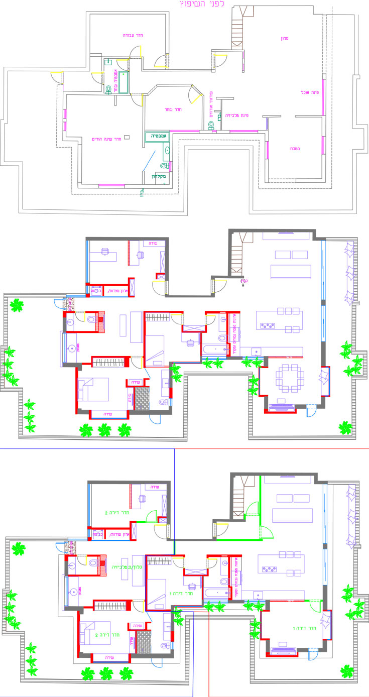  שלוש תוכניות של הדירה: למעלה לפני השיפוץ, במרכז אחריו, ולמטה אפשרויות החלוקה של הדירה (תוכניות: שיר גיל בר)