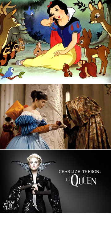 מלמעלה: שלגיה של דיסני, לילי קולינס בתפקיד שלגיה ב-Mirror, Mirror והעיבוד האפל Snow White & the Huntsman 