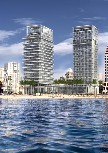 מגדלי קמפינסקי בחוף תל אביב. חסימה (הדמיה: פייגין אדריכלים)