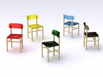 כסא "טרטוריה" (2009), עשוי עץ ופלסטיק צבעוני ושקוף. מחווה לכסא ה"שייקר" המפורסם משנות ה- 40 של המעצב הדני בורג מוגנסן