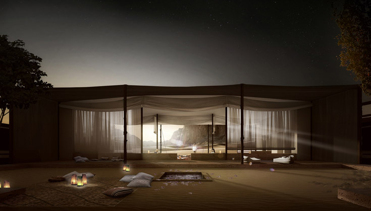 וכך ייראה אוהל הכניסה למלון היוקרה הנבנה בוואדי רם שבירדן (הדמיה: Luxigon)