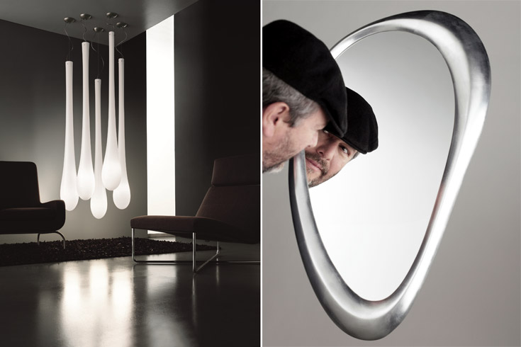 מימין: מראת טיפה של פיליפ סטארק. משמאל: גופי תאורה עשויים זכוכית מוראנו, מבית פאולו קרפאקס