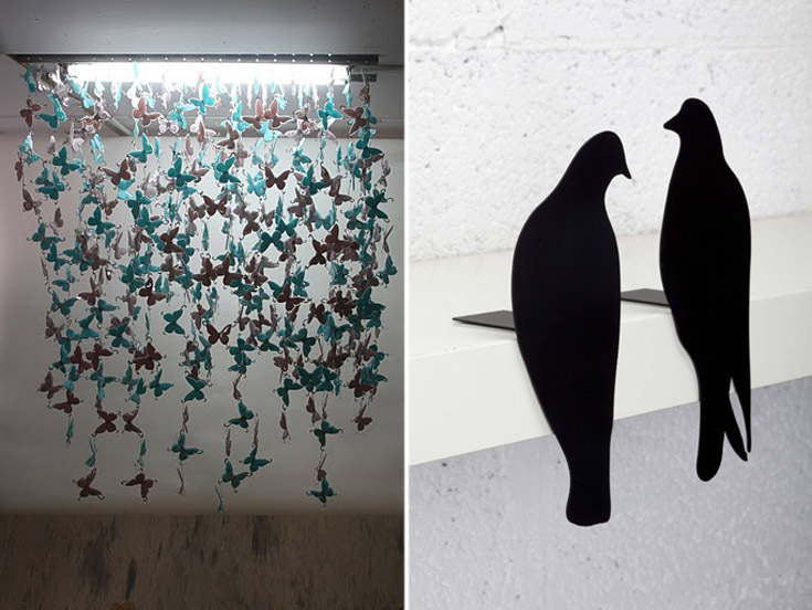 מימין: זוג יוני אהבה של המעצב אורי ניב. משמאל: גופי תאורה בהשראת פרפרים, בעיצוב איריס כדורי