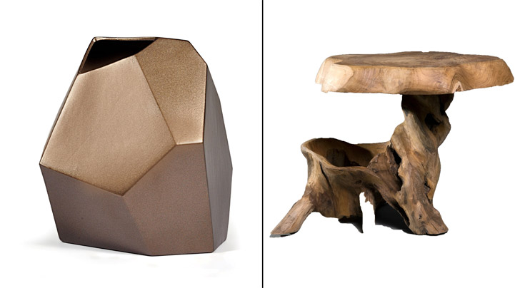 מימין: שרפרף עשוי משאריות עץ טיק, Collecte'co. משמאל: סדרת אגרטלים בצבעי אדמה, IDdesign (צילום: אריאל ואן סטרטה)