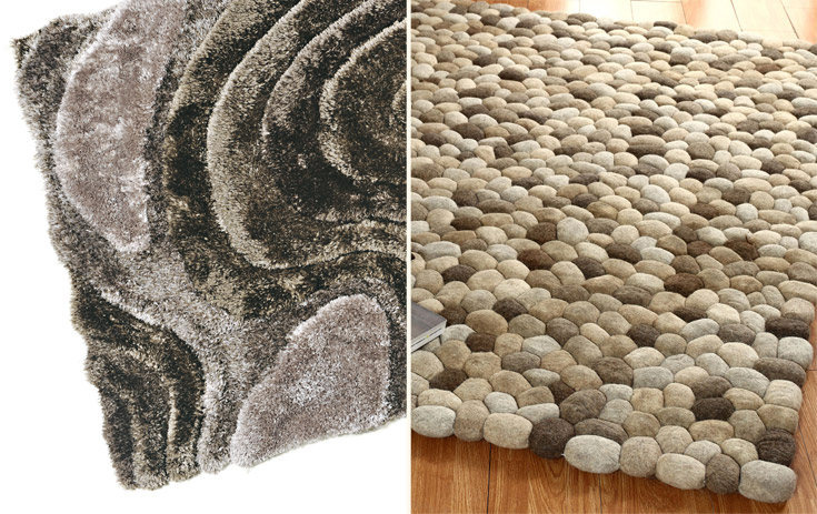 מימין: שטיח בעבודת יד של חברת Sharda בהשראת חלוקי נחל, Floor. משמאל: שטיח של STEPIVI מדמה אבנים ומינרלים עתיקים, צמר שטיחים יפים
