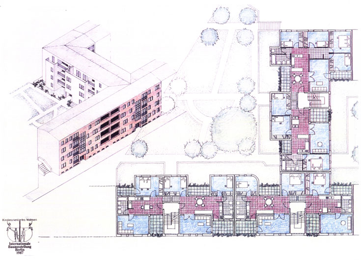 מירה ורהפטיג, בית דירות בברלין, 1987, במסגרת תערוכת האדריכלות הבינלאומית IBA. מראה כללי ותוכנית קו (באדיבות אורלי פתאל-ורהפטיג)