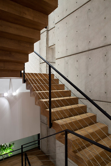 מגרעת לאורך קיר הבטון בחלל המדרגות מאפשרת להציץ לחלל אחר בבית (צילום: עמית גרון )