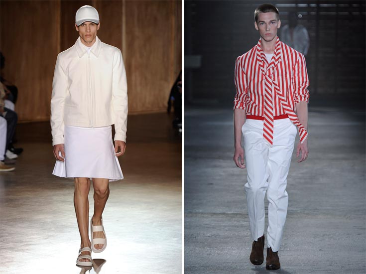 קולקציות קיץ 2012 לגברים. מימין: חולצת משי נשית אצל אלכסנדר מקווין, משמאל: חצאית קצרה אצל ז'יבנשי (צילום: gettyimages)