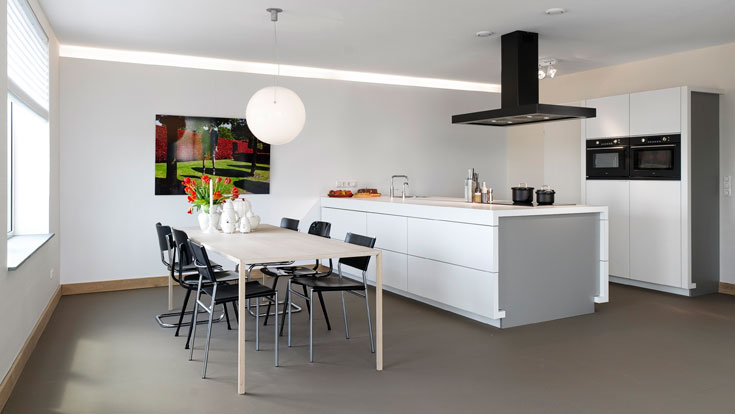 המטבח: צירוף עיצובים של Team van Rooij, ATAG, BALD. כדור תאורה של Eikelenboom, שולחן של Arco, שרפרף של Thomas Eyck, כיסאות (מימין לשמאל) של Spectrum, Ahrend, Thonet,  (צילום: Design Academy Eindhoven ,Taco van der Werf)