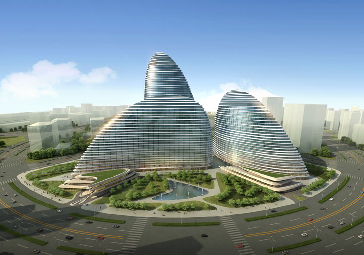 כך ייראו המגדלים במתחם וואנג'ינג סוהו בבייג'ין. משיכות המכחול המזוהות כל כך עם חדיד (הדמיה: Zaha Hadid Architects)
