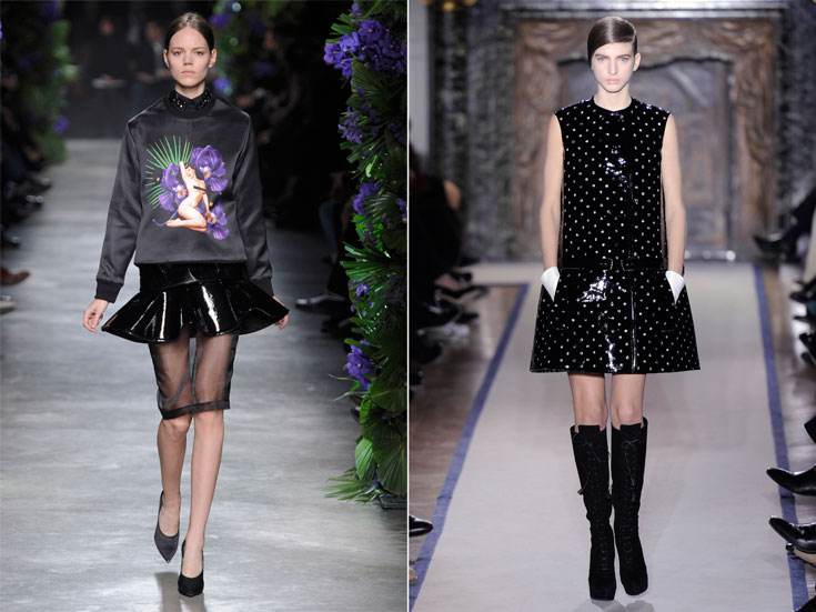 תצוגות האופנה של איב סאן לורן (מימין) וז'יבנשי לסתיו-חורף 2011-12. המראה העתידני והמבריק חוזר למסלול (צילום: gettyimages)