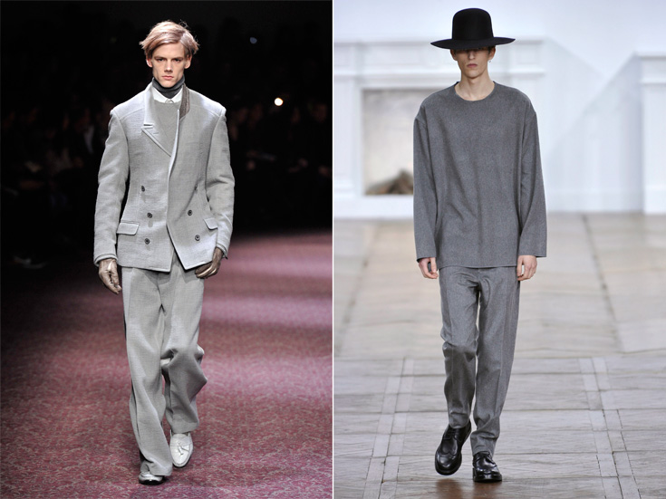 בגדי גברים אפורים בתצוגות האופנה של דיור (מימין) ולנוון לחורף. מבחר גוונים וגזרות (צילום: gettyimages)