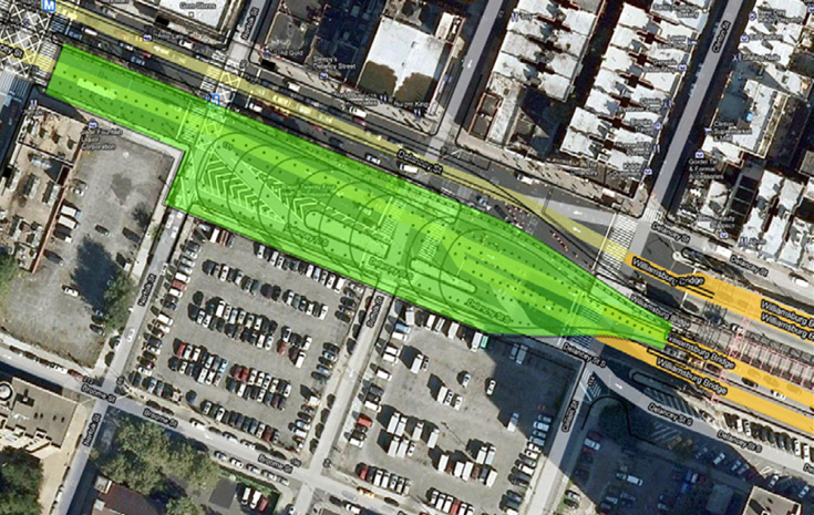 רחוב דלנסי (בצהוב: העלייה לגשר וויליאמסבורג; בירוק: שטח התחנה). שכונה רועשת ומזוהמת (הדמיה: courtesy: Delancey Underground)