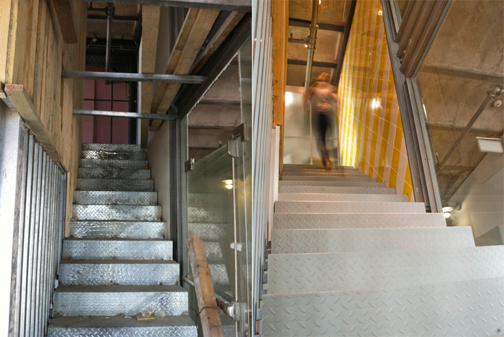 גרם המדרגות לקומת הגלריה. משמאל: בזמן העבודות. מימין: אחרי (צילום: עומרי אמסלם)