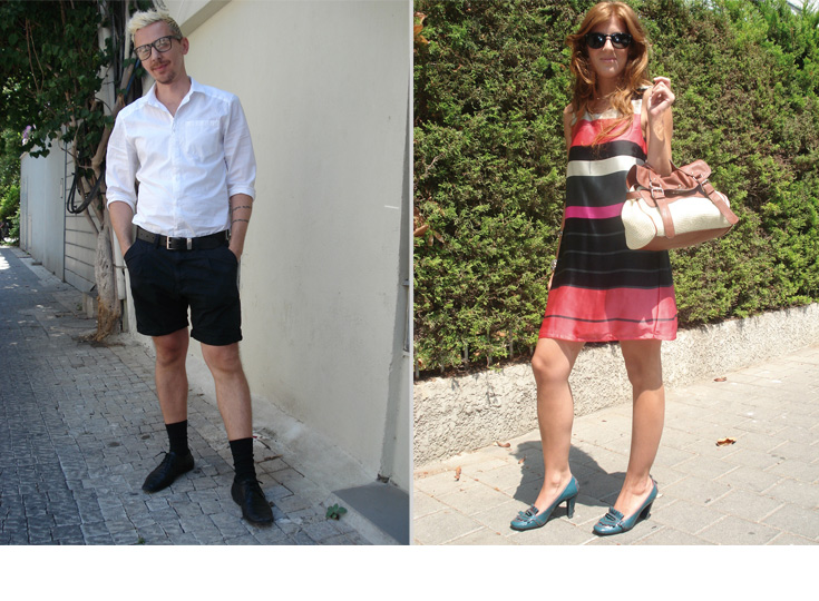 עדי, 25 (מימין): שמלה: פאנקייר; נעליים: Tod's; משקפי שמש: פולו ראלף לורן; תיק: אייל לסטר. אלכס, 34 (משמאל): משקפיים: יש שנייה מברלין; חולצה ומכנסיים: H&M; נעליים: זארה