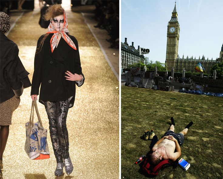 יום שמשי בלונדון (מימין) ותצוגת האופנה של ויויאן ווסטווד לחורף. בירת הממלכה המאוחדת שומרת על סגנונה הנועז (צילום: gettyimages)