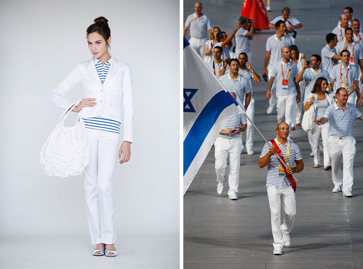 נבחרת ישראל באולימפיאדת 2008 בבייג'ין (מימין) וגל גדות מדגמנת את אותם מדים עבור קסטרו. ''אנחנו מנסים להביא את האופנה הישראלית לאולימפיאדה'', אומר גבי רוטר (צילום: דודי חסון, gettyimages)