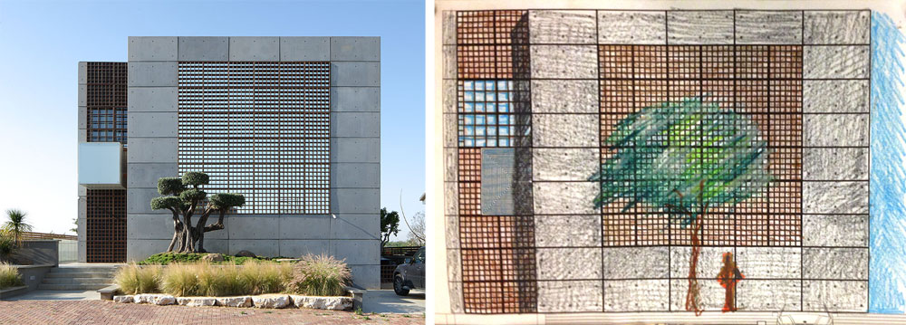 אורי הלוי הפך את הסקיצה מימין לבית הפרטי שקם במציאות. ''עצוב שהסקיצה נעלמת, כי זו חתימה אישית. אין שני אדריכלים עם אותו קו'', הוא אומר לשימוש בכתבה בלבד תערוכת סקיצות אדריכלים אורי הלוי
