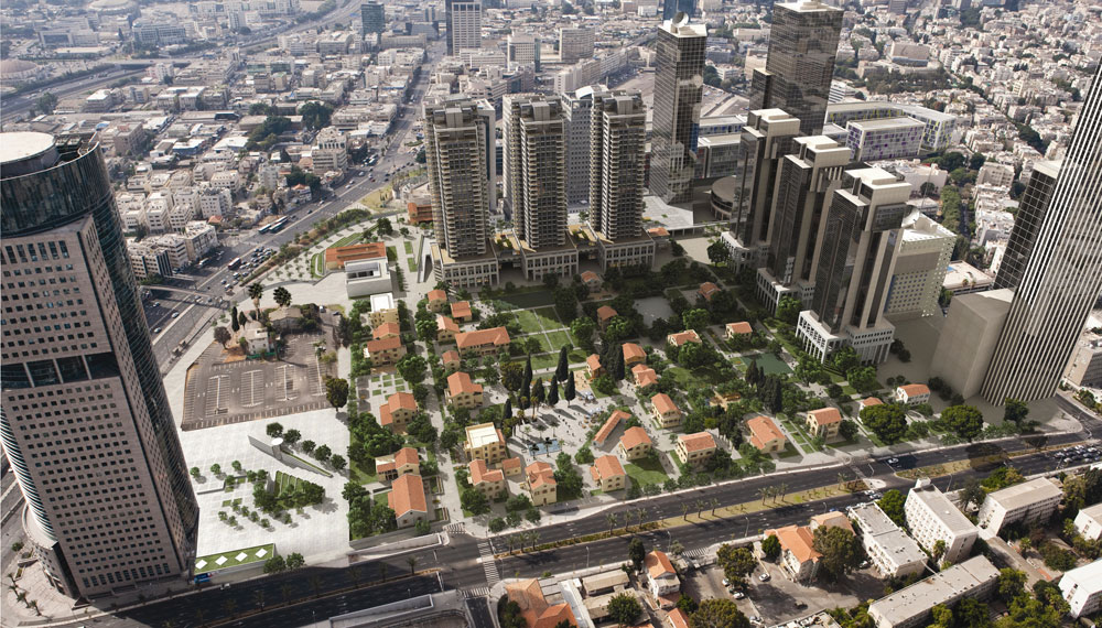 כך אמור להיראות מתחם שרונה בגמר ההקמה: מגדלי מגורים ומסחר בשתי דפנות, ו-33 מבנים טמפלריים שטובלים בדשא ומשמשים כחנויות ומסעדות מתחם שרונה הדמיות עתידיות