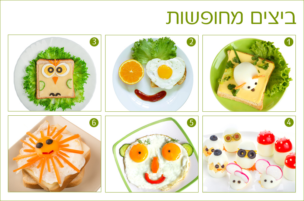 פרצופים ודמויות שעשויים מגבינות וירקות בשילוב עם ביצים קשות וחביתות צלחות מחופשות