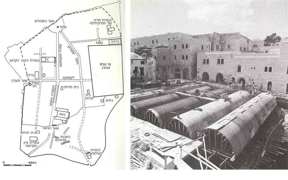 בגלל עבודות החפירה המורכבות, התעכב פיתוחו של המתחם ואכלוסו. המתכננים נדרשו לבנות בהקדם את יחידות המגורים, ולכן בנו מעל אתר החפירות מערכת קמרונות בטון, ומעליה הוקמו החצרות. סביבן הוקמו כמעט 40 יחידות דיור קארדו הרובע היהודי ירושלים סריקות ספר בוגוד