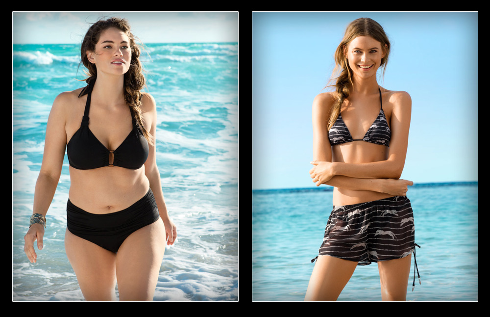 קמפיין בגדי הים הרגיל של H&M (מימין) והתמונה של ג'ני ראנק בקמפיין המידות הגדולות. דוגמניות בגדי ים מידות גדולות ביקיני בגד ים HM