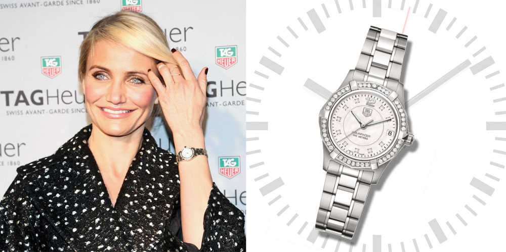 קמרון דיאז מדייקת עם שעון של TAG Heuer (מחיר: 27,999 שקל) לשימוש גו סטייל בלבד גו סטייל מאיפה לך 12.5 קמרון דיאז