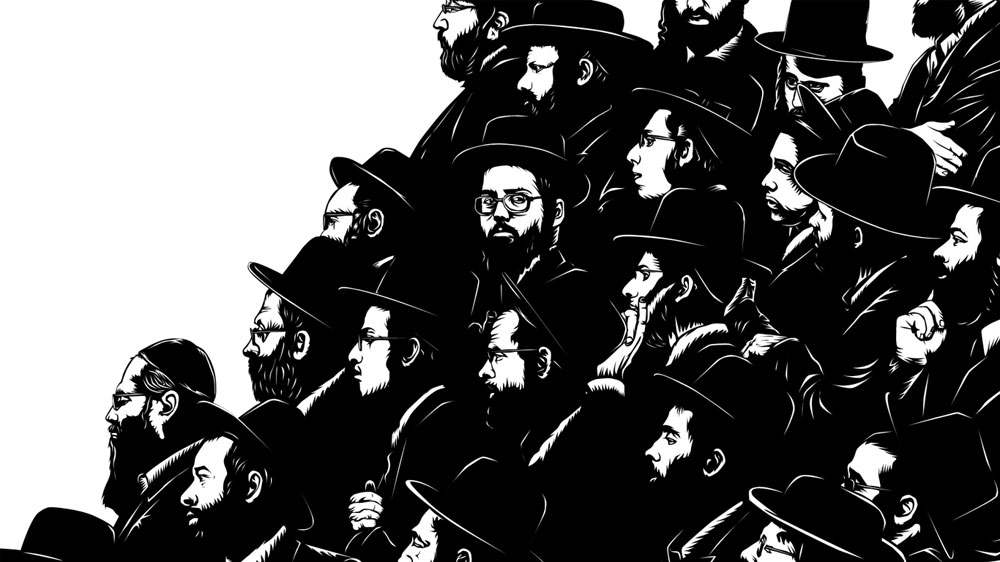 ''לילות ערב'' - אחת מיצירותיו הדו ממדיות של שין למד: יריעת ויניל שמתוכה הוא חותך דימויים שעשויים מפרטים קטנטנים. התערוכה כולה מציגה נושאים מהעולם החסידי, שאליו נולד שין למד של בובות ויניל