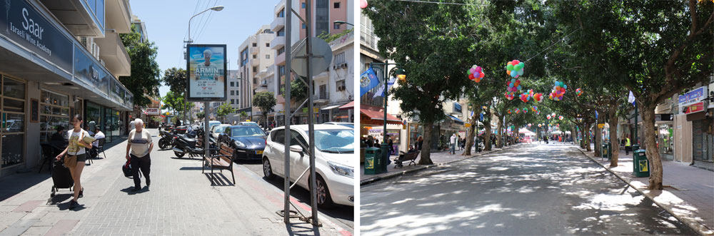 קודם כל, עצים הם הפתרון המתבקש: רחוב ביאליק ברמת גן מול רחוב בן יהודה בתל אביב - איפה נעים לשוטט בנחת בדרך לקניות או לבית קפה? צל הצללה רחוב ביאליק רמת גן בן יהודה תל אביב