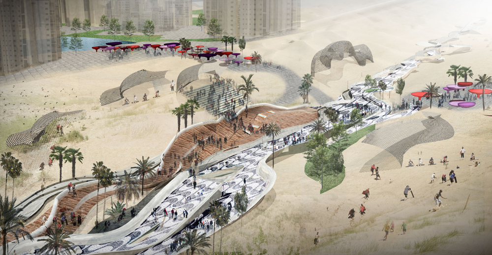 ההצעה של גזית מתמקדת בחיבור בין חולון לשכנותיה, בת ים וראשון לציון, ובין חולון הבנויה לדיונות שנמצאות בה הצעות סטודנטים אוניברסיטת ת''א פארק החולות חולון 2013 דניאל גזית