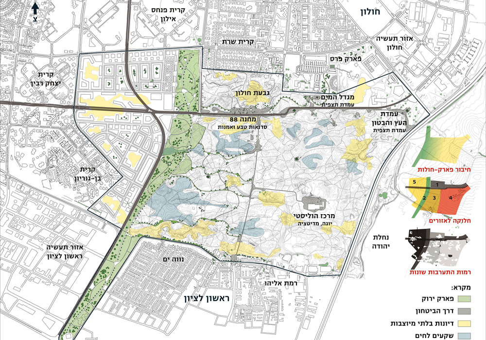 ההצעה של קרינסקי: אזור חולות ללא התערבות, אזורים אחרים עם התערבות, וגם הצעה לבנות שכונות חדשות סביב הדיונות הצעות סטודנטים אוניברסיטת ת''א פארק החולות חולון 2013 עדי קרינסקי
