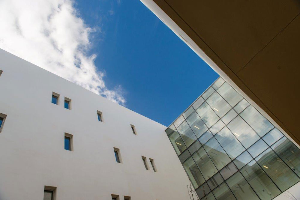 מבט מכיוון החצר הפנימית. כל החוקרים בבניין הם ישראלים, ו-20% מהם חזרו משהות ממושכת באירופה או בארצות הברית ביוטכנולוגיה חיוטין אוניברסיטת בן גוריון