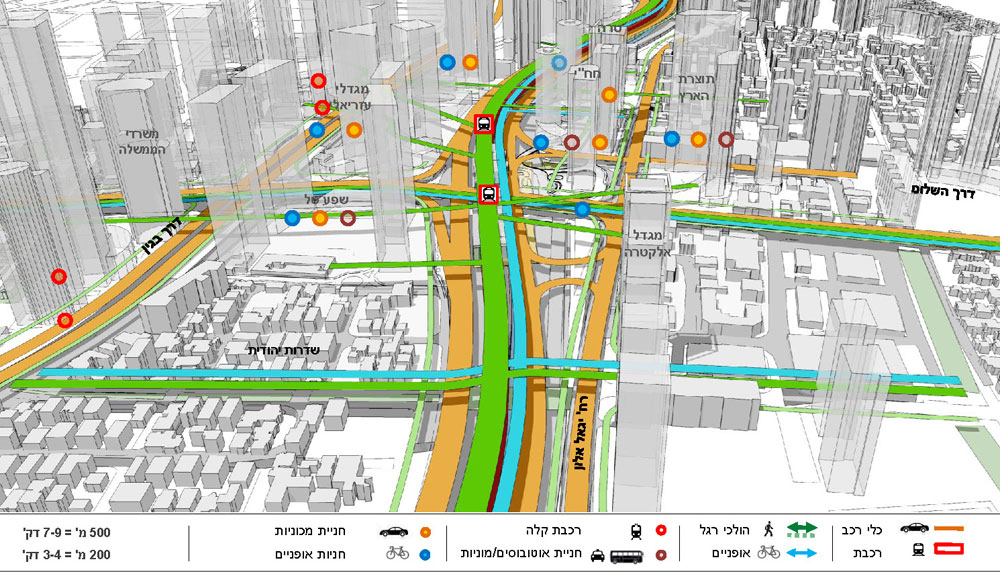 סכמת התנועה במבט מכיוון דרום: הפס הירוק מסמן את הפארק הקווי שייפרש לאורך שני קילומטר. הפיילוט המתוכנן: בקטע של רחוב עמק ברכה, מול שכונת נחלת יצחק קירוי נתיבי איילון