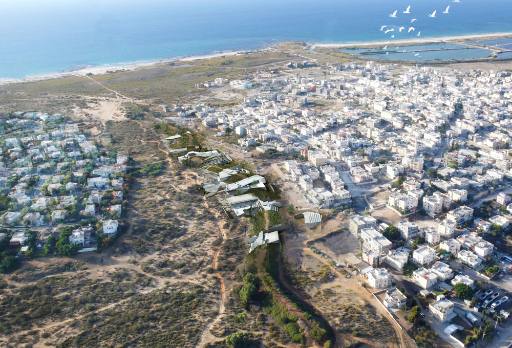נועה קידר עיצבה מחדש את סוללת העפר המפרידה בין שני יישובי הקצה, קיסריה העשירה וג'יסר א-זרקא העני, כדי לאפשר קשר בין הצדדים נועה קידר עבודות גמר בית הספר לאדריכלות אוניברסיטת תל אביב 2012