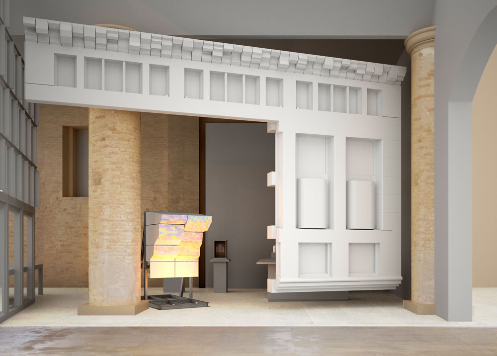 מתוך העבודה של Haworth Tompkins, Lynch Architects ו-Eric Parry Architects. כל אחד מהם משחזר חזית או אלמנטים ממבנה תרבות בלונדון שתיכנן לשימוש הכתבה בלבד Haworth Tompkins ביאנלה ונציה 2012